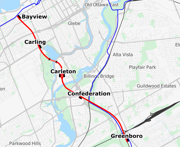 Overview of the O-train line. The blue lines are OC Transpo busways.