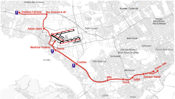 â€˜Route Exampleâ€™ of proposed airport train of 2012. Note the terribly placed intermediate stations, away from actual populations, including a connection to the 2nd least used Metro Station, Georges-Vanier