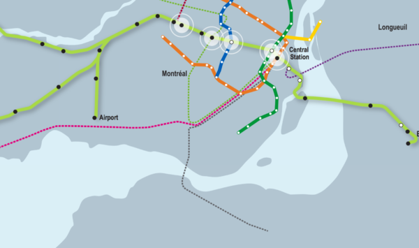 Will the Candiac Line (dotted grey), Vaudreuil-Hudson Line (dotted pink) shut down, and the St-Jerome Line (dotted green) get shortened?