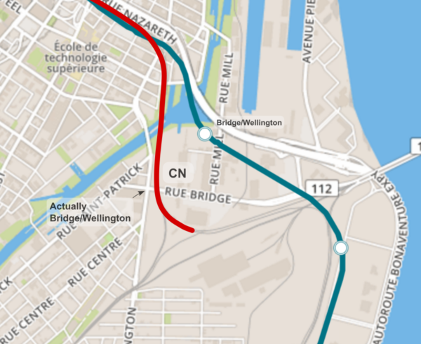 The CN-corridor, which actually passes by Bridge/Wellington, will not be used for the REM, despite being available.