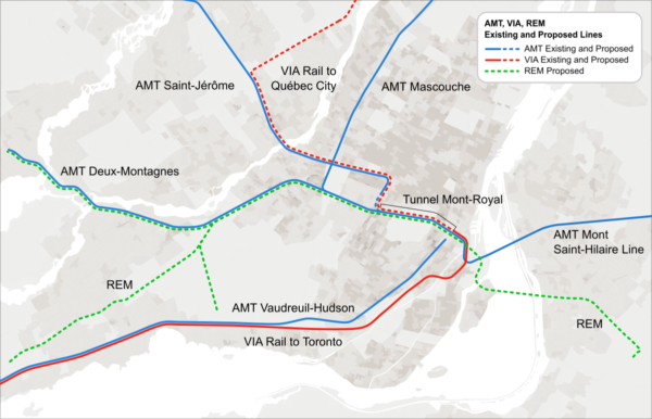 REM proposal, VIAs HFR proposal and AMT lines (including the St-Jerome line rerouted into the tunnel)