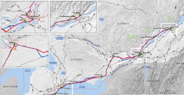 Map showing two possible route options proposed by the 2011 HSR study (Page s-6). Both options use the same route through Montreal, using the Mount Royal tunnel